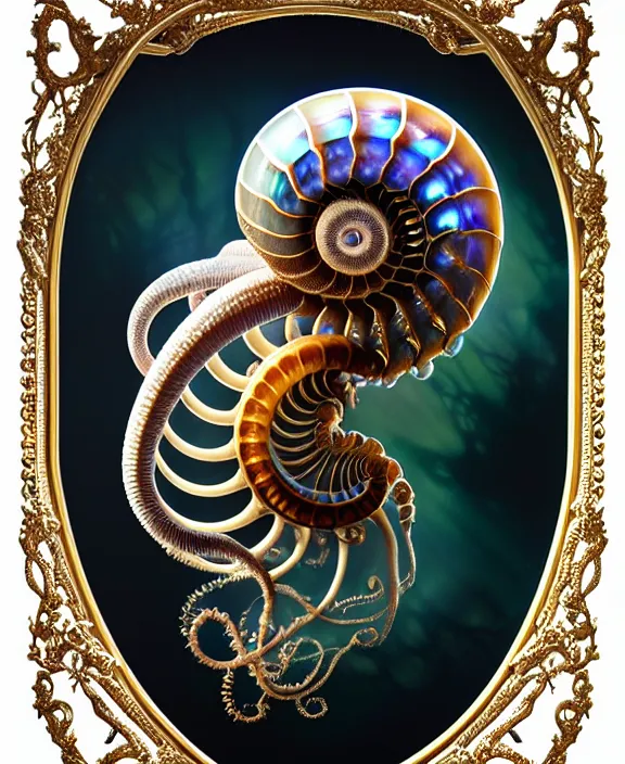 Prompt: intricate ornate opulent transparent clear see - through portrait of a terrifying beautiful alien nautilus, mottled coloring, adorable, childlike, pastoral environment, ultra realistic, concept art, art nouveau, photorealistic, octane render, 8 k, unreal engine. art by christopher marley and artgerm and greg rutkowski and alphonse mucha
