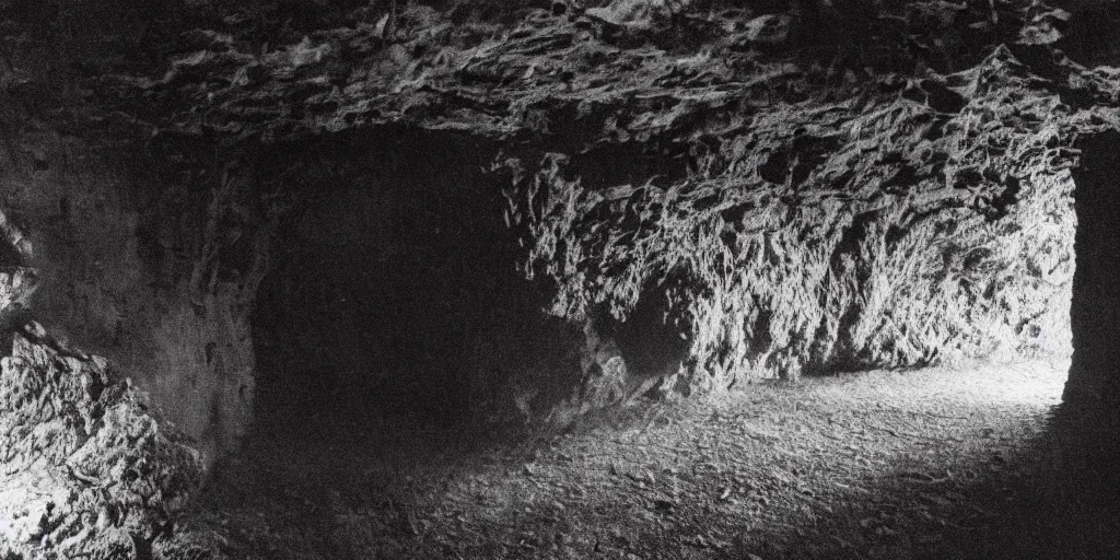 Prompt: photograph of a dark cave with reflective eyes looking back at the viewer