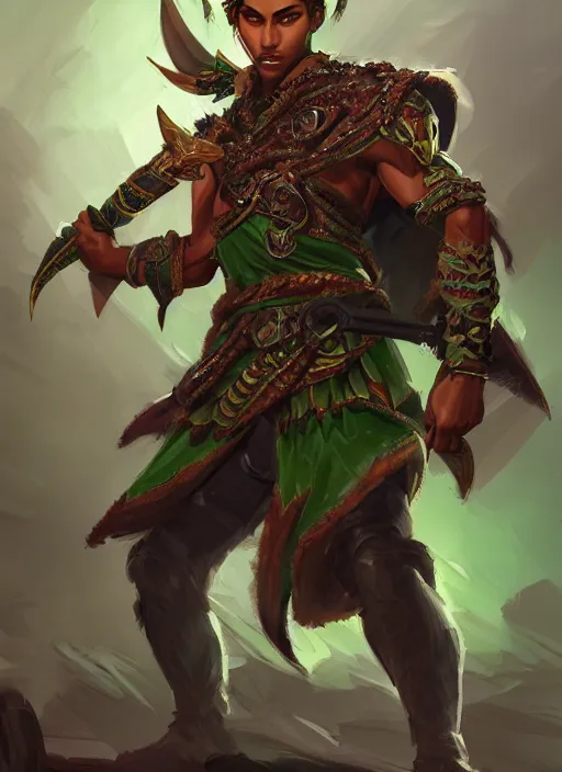 Prompt: a highly detailed illustration of fierce attractive young tanned short haired tribal boy wearing green wolf cape, heroic wielding swords pose, muscular, intricate, elegant, highly detailed, centered, digital painting, artstation, concept art, smooth, sharp focus, league of legends concept art, wlop