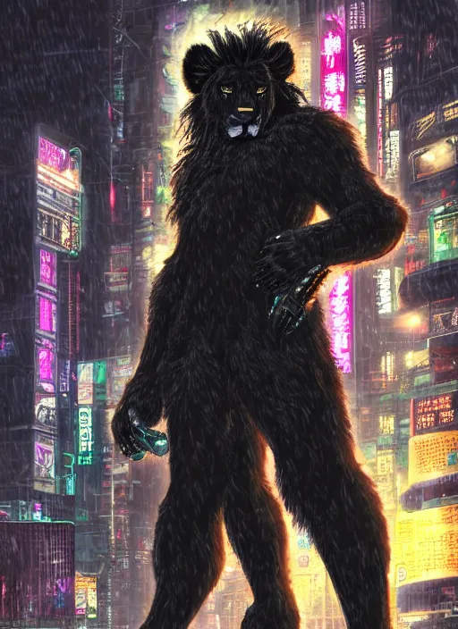 Image similar to character portrait of a male anthro black lion fursona with a cute beautiful attractive detailed furry face wearing stylish cyberpunk clothes in a cyberpunk city at night while it rains. hidari, color page, tankoban, 4K, tone mapping, Akihiko Yoshida.