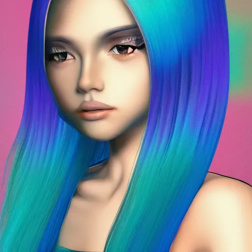 Prompt: of a 2 d girl with 3 d oil hair in a holographic mixed color style