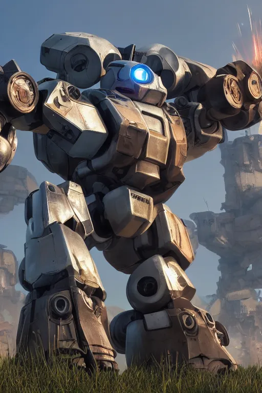 Image similar to mechwarrior 5 : mercenaries mech megaman transformer robot boss tank engine game octane render, 4 k, hd 2 0 2 2 3 d cgi rtx hdr style chrome reflexion glow fanart, global illumination ray tracing hdr fanart arstation by ian pesty by jesper ejsing pixar and disney unreal zbrush central hardmesh