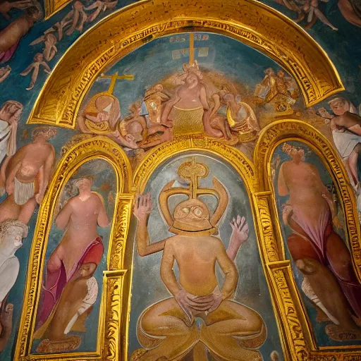 Image similar to people worship a huge statue of a golden frog, frescoes style, religion, bible