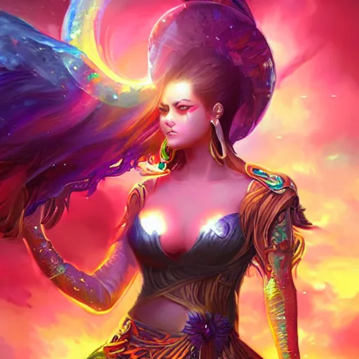 Prompt: a rainbow goddess mystic female warrior leader by ross tran digital artwork business leader