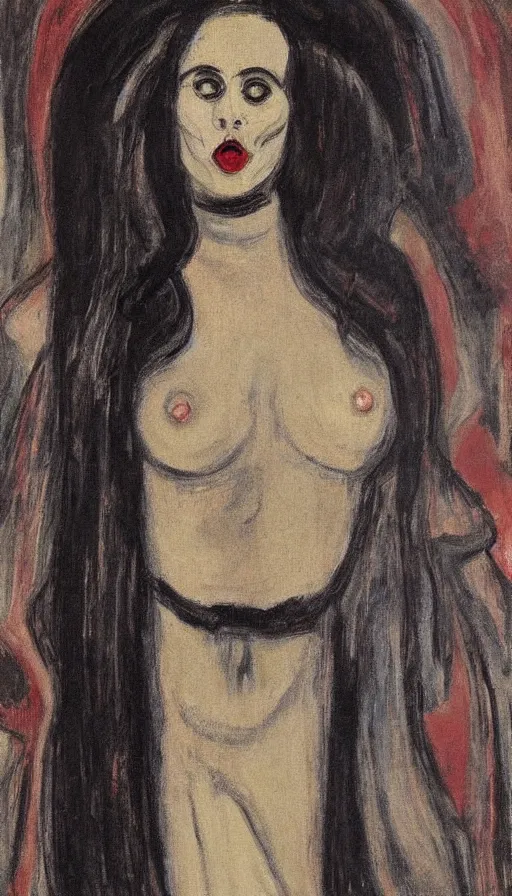 Image similar to carmilla vampire, expressionist painting, by edvard munch, catacombs