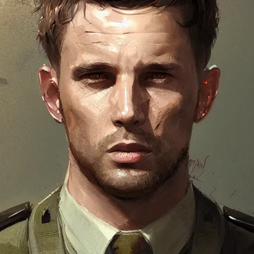 Image similar to Portrait of a man by Greg Rutkowski, he is about 30 years old, short copper hair, attractive, military composure, younger brother vibes, he is wearing futuristic military fatigues, cool uncle vibes, highly detailed portrait, digital painting, artstation, concept art, smooth, sharp foccus ilustration, Artstation HQ.