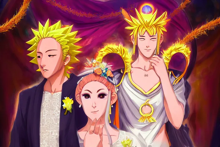 Image similar to a cinematic portrait of wedding photograph jpeg close up moment of a divine a japan sun god and moon goddess lovers magician at a wedding banquet. portraiture. digital painting. artstation. concept art. wedding photo. digital painting. naruto the movie art masterpiece by art by krenz cushart