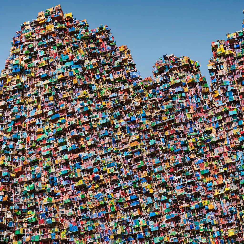 Image similar to intertwined high towers with colourful stacked makeshift squatters, uniform plain sky, mamiya, very sharp, very detailed, photographed by cristina de middel