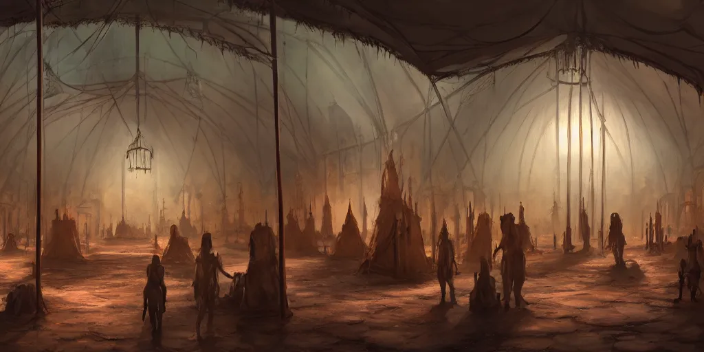 Image similar to inside of a merchant tent, matte oil painting, rusted cathedrals in the background, retrofuturistic, concept art, science fantasy, mutant, lgbt, queer, rpg, epic, rust, white salt, badlands, slime, jungles, dungeons & dragons, sacred, sharp focus, award - winning, extremely detailed, 4 k, 8 k