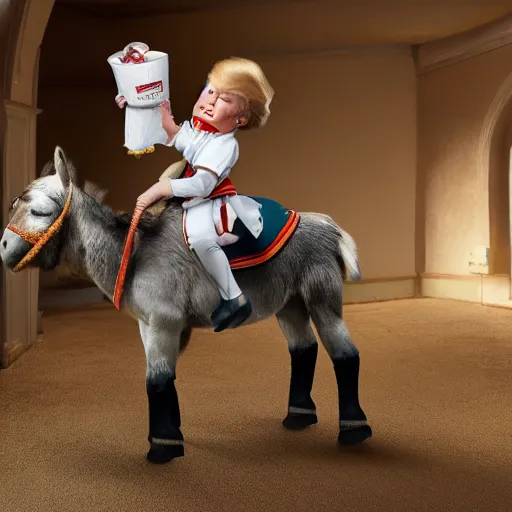 Image similar to cute donald trump riding a donkey wearing a maid outfit, realistic, photography, 8 k, award winning, kawaii