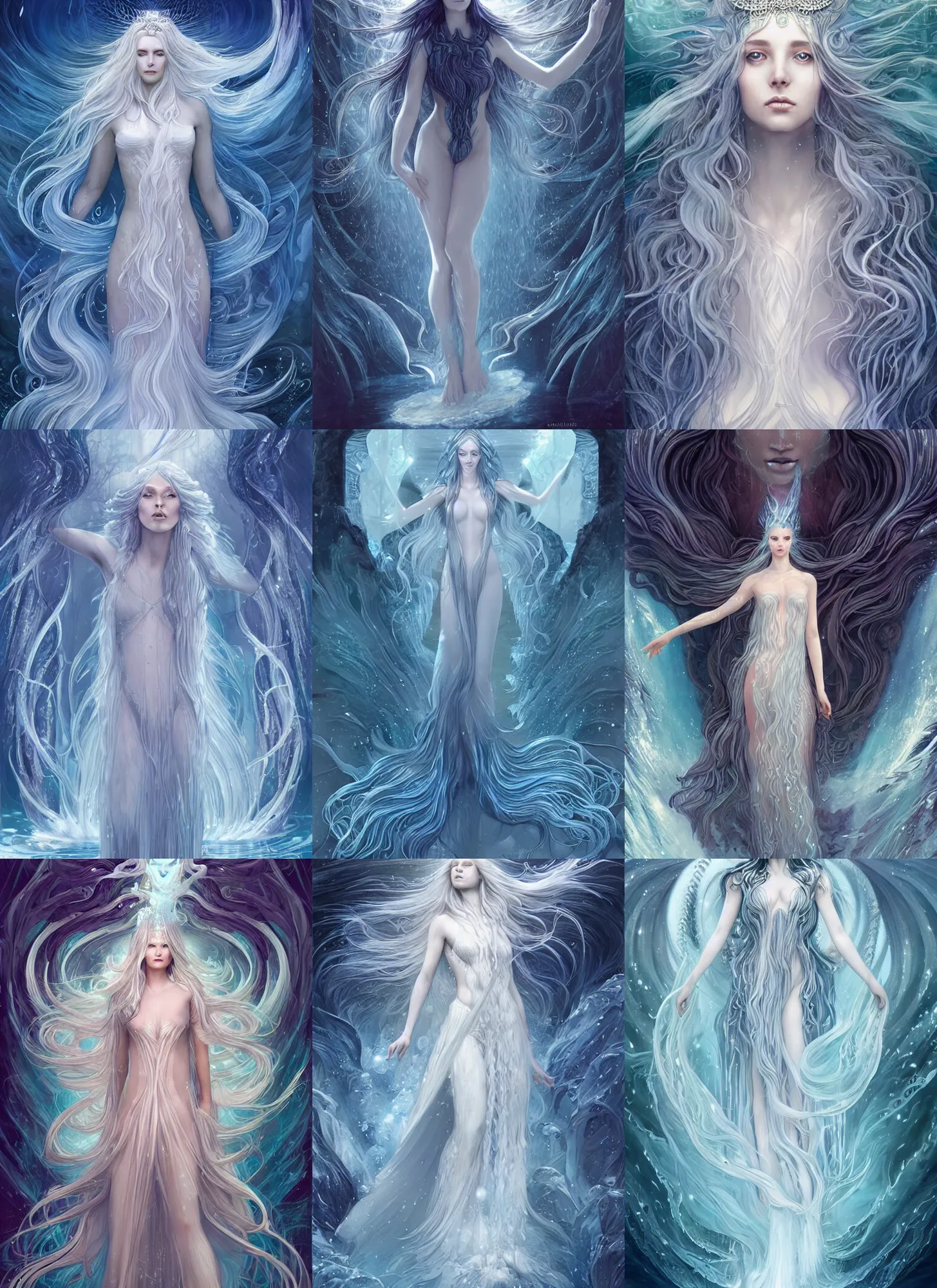 Prompt: goddess made of ice crystals flowing long hair like a waterfall rising from the water, full body and face, sophisticated, fractals background, horizontal symmetry, epic light, intricate, extremely detailed, artstation, art by charlie bowater, kay nielsen and wadim kashin, zeen chin and terada katsuya