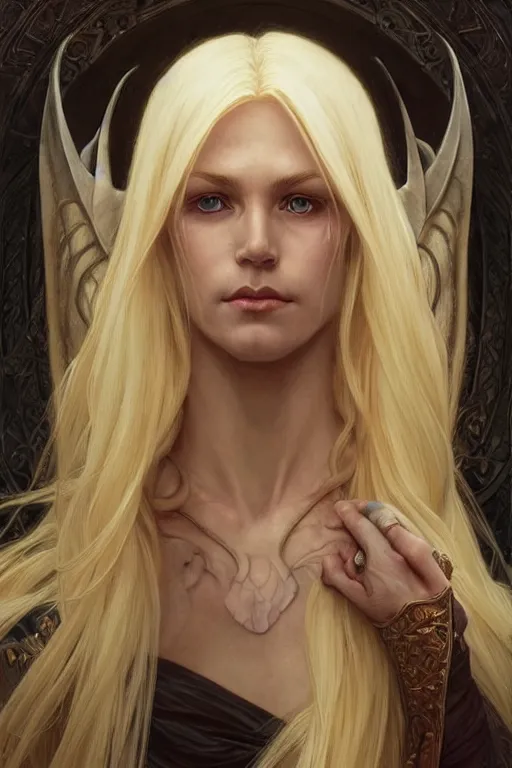 Image similar to portrait of an old blonde elven mage, dark, piercing eyes, gentle expression, elegant clothing, photorealistic, highly detailed, artstation, smooth, sharp focus, art by michael whelan, artgerm, greg rutkowski and alphonse mucha