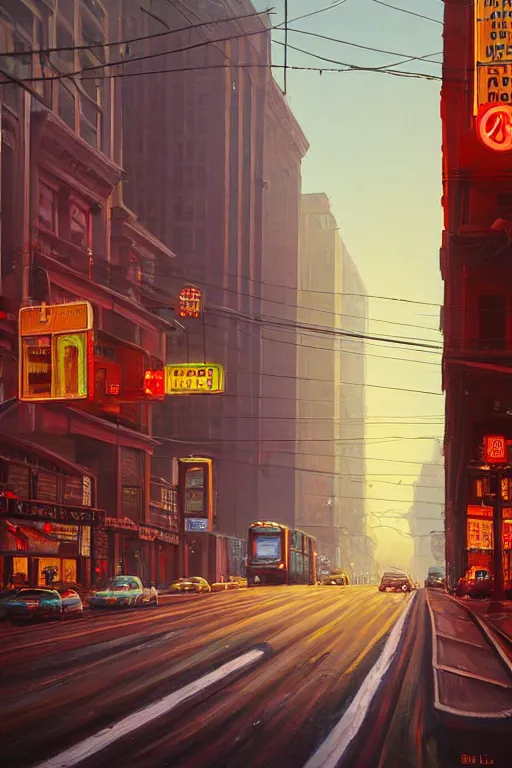 Image similar to Market Street, San Francisco; oil on canvas by Klaus Bürgle and Imperial Boy and Simon Stålenhag; Ultra-Realistic 3D Depth Shading