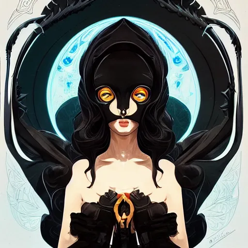 Image similar to vantablack occultist, pitchblack mask, beautiful, detailed symmetrical close - up portrait, intricate complexity, in the style of artgerm and peter mohrbacher, cel - shaded