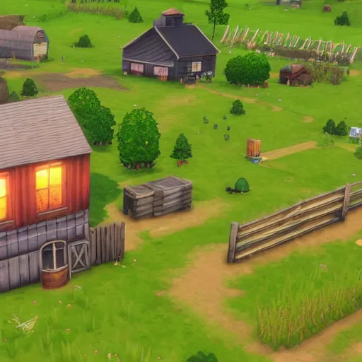 Prompt: a small vintage farm on fire in a corn field in the style of sims 4, gameplay footage