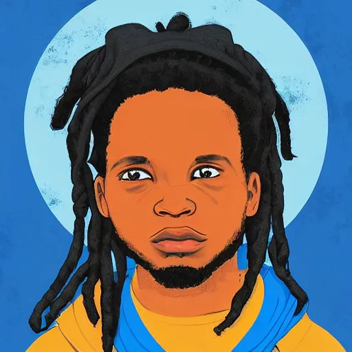 Prompt: “Side portrait of A AfricanAmerican boy with dreads and a blue hoodie on, in the style of a soviet propaganda poster”