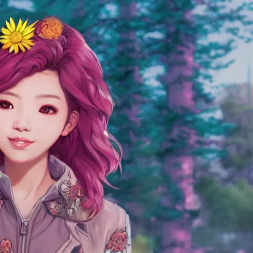 Prompt: portrait of sunny from kpop, smiling with flowers in hands. sharp focus, cinematic pose, cinematic lighting, unreal engine render. art by josan gonzales and moebius and deathburger.