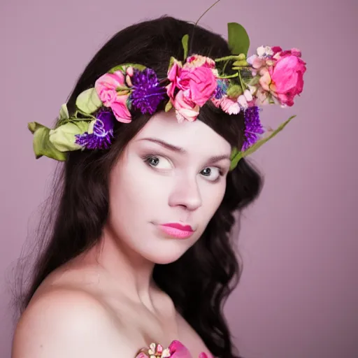 Prompt: portrait of a female with flower headpiece for photoshoot, photography