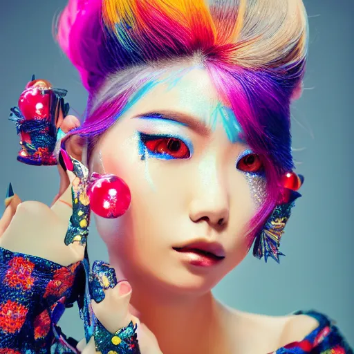 Image similar to japanese model with maximalist hair style and makeup, bright colors, fashion model, portrait shot, glitter, depth of field, 8 k, hyper detailed, intricate, trending on artstation