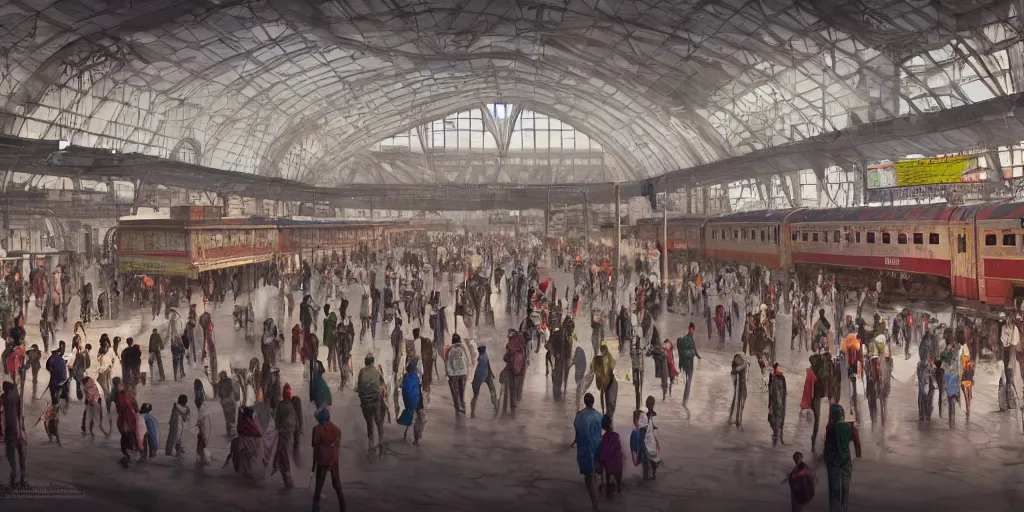 Image similar to cinematic movie scene, establishing shot, precise architectural rendering, interior of an india railway station, bustling with people, detailed illustration, sharp focus, concept art, unreal engine, octane render, aesthetic