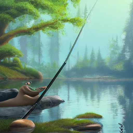 Image similar to painting of otter-fishman with fishing rod, stylized, octane render, morning forest river, Ghibli style, godraze, volume light