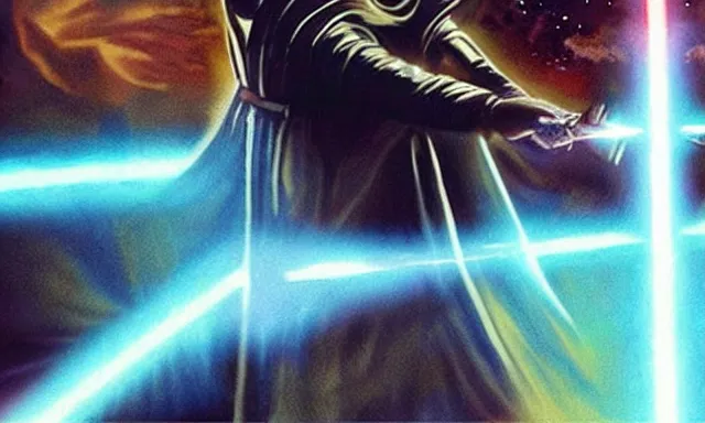 Image similar to full shot photograph of super jesus christ defeating darth vader, using a cross - shaped gold lightsaber, photorealistic, cinematic lighting, extremely detailed, star wars