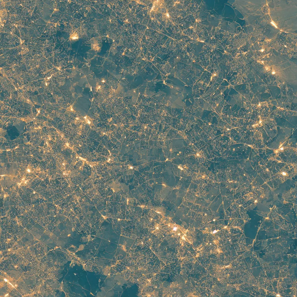 Prompt: a very polluted landscape seen by sentinel or landsat satellite during the night with very high lights and urban sediment, photorealistic, high resolution, best quality