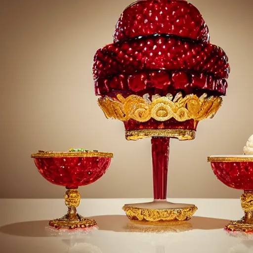 Prompt: an ice cream sundae made out of rubies and diamonds and chocolate, elegant and ornate,