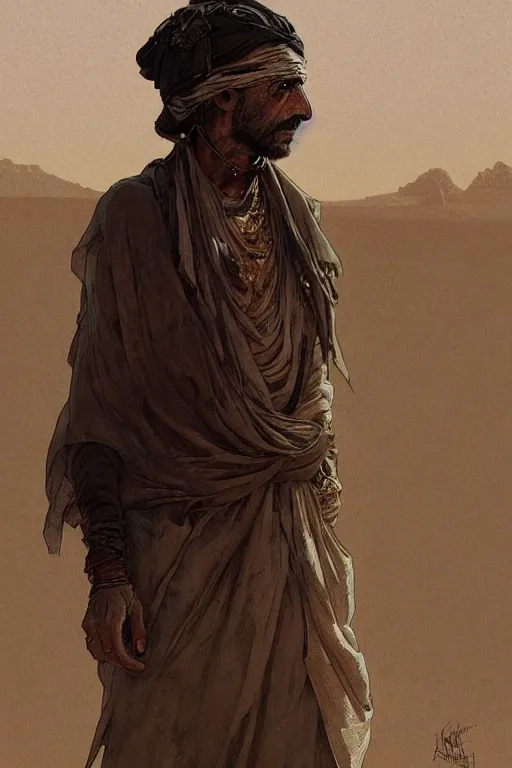 Image similar to a full body portrait of a beautiful post apocalyptic offworld desert bedouin blind beggar by the road, intricate, elegant, highly detailed, digital painting, artstation, concept art, smooth, sharp focus, illustration, art by krenz cushart and artem demura and alphonse mucha