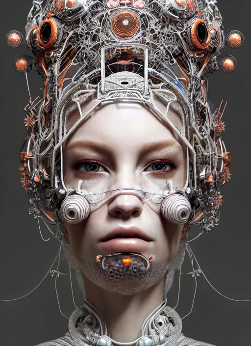 Image similar to portrait of an absurdly beautiful, graceful, sophisticated, fashionable cyberpunk mechanoid, hyperdetailed illustration by irakli nadar and alexandre ferra, intricate linework, white porcelain skin, faberge, coral headdress, unreal engine 5 highly rendered, global illumination, radiant light, detailed and intricate environment