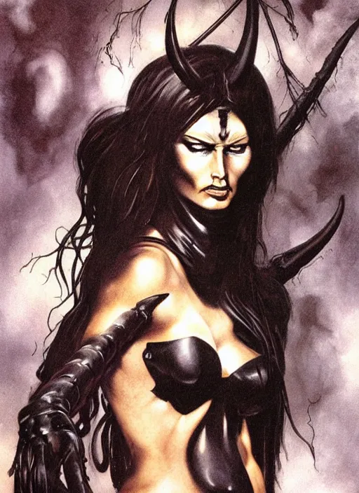 Image similar to portrait of demoness warrior, black iron tiara, strong line, deep color, forest, beautiful! coherent! by boris vallejo, by frank frazetta, minimalism