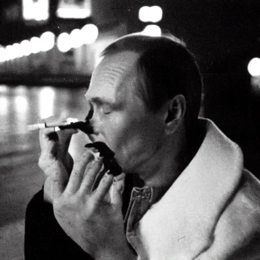 Image similar to retro photograph of a Putin smoking a cigarette in Japan at night, Kodak film photo