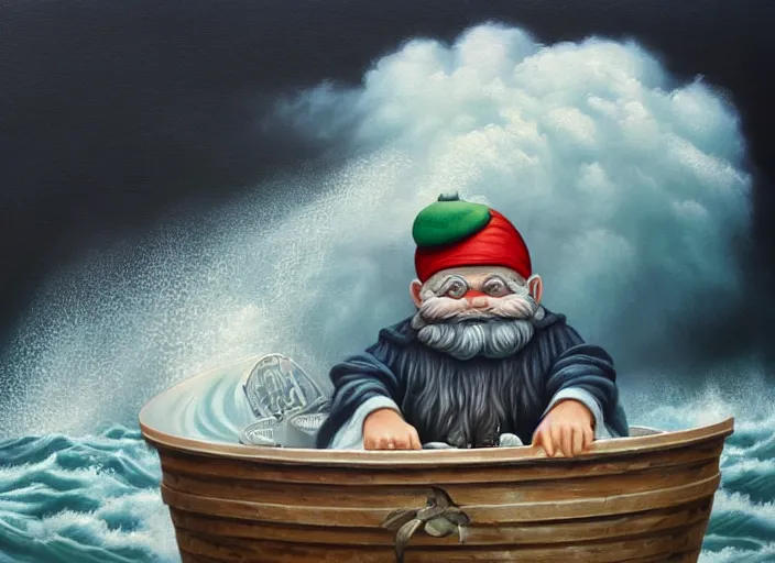 Prompt: a terrified garden gnome sailing in a bucket, background of raging ocean with huge waves on a stormy day with dramatic thunderhead clouds, an ultrafine detailed painting by mark ryden, trending on deviantart, pop surrealism, whimsical, lowbrow, rainy, perfect symmetrical face