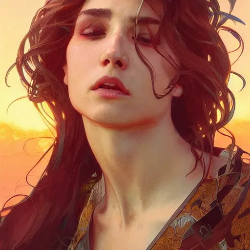 Image similar to painting ricardo milos. cheerful. happy. art by artgerm and greg rutkowski and alphonse mucha. during golden hour. extremely detailed. beautiful. 4 k. award winning.