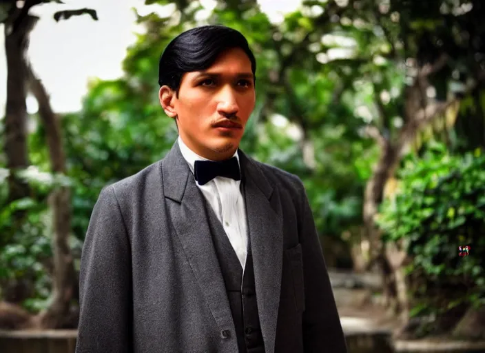 Image similar to outdoor portrait of jose rizal!! as a handsome young man in 2 0 2 2!! wearing stylish modern clothes, photo taken in 2 0 2 0, 3 5 mm f 1. 4 digital photo, matte colors