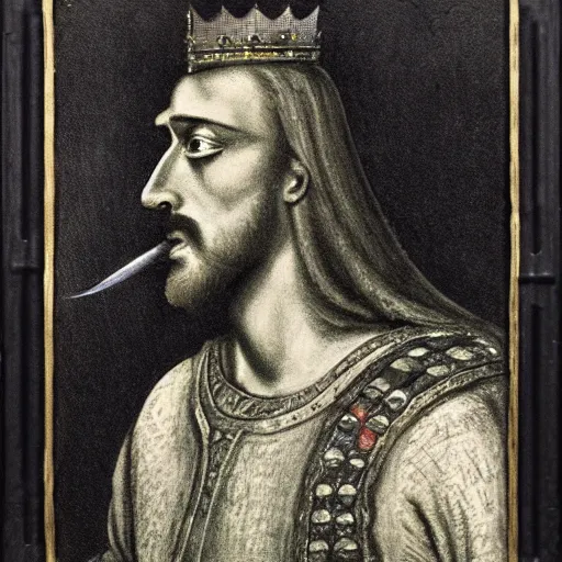 Prompt: Portrait of King Arthur, in a battlefield, war cry, ethereal, smoke, ominous, realism