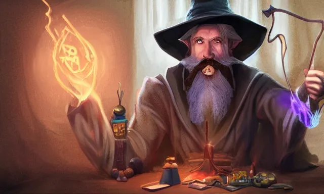 Image similar to 🧙‍♂️ Character art of a D&D wizard doing magic in his laboratory, with a blond beard and curly hair and a wide-brimmed straw hat, concept art, digital art