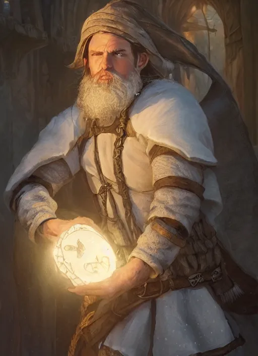 Prompt: traveling merchant in a white medieval fashion, ultra detailed fantasy, dndbeyond, realistic, dnd character portrait, full body, pathfinder, pinterest, art by ralph horsley, dnd, rpg, lotr game design fanart by concept art, behance hd, artstation, deviantart, global illumination radiating a glowing aura global illumination ray tracing hdr render in unreal engine 5