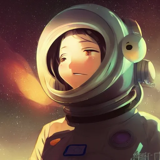 Image similar to anime girl astronaut looking at the universe, by wenjun lin, krenzcushart, loundraw, makoto shinkai