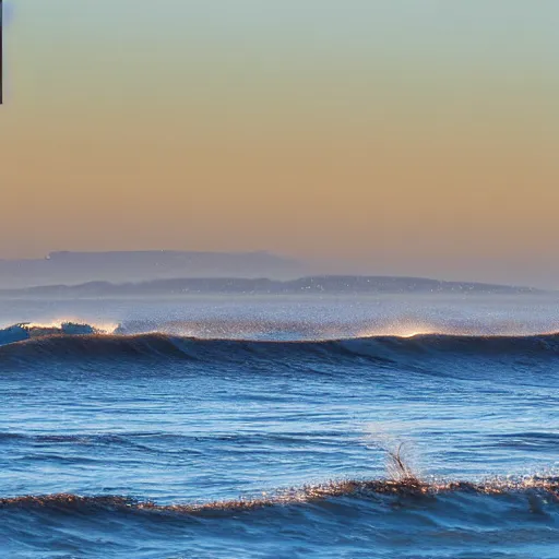 Image similar to perfect wave breaking in shallow clear water front view, hollister ranch, offshore winds, kelp, islands on horizon, oil dereks on horizon, late afternoon, fall, central california