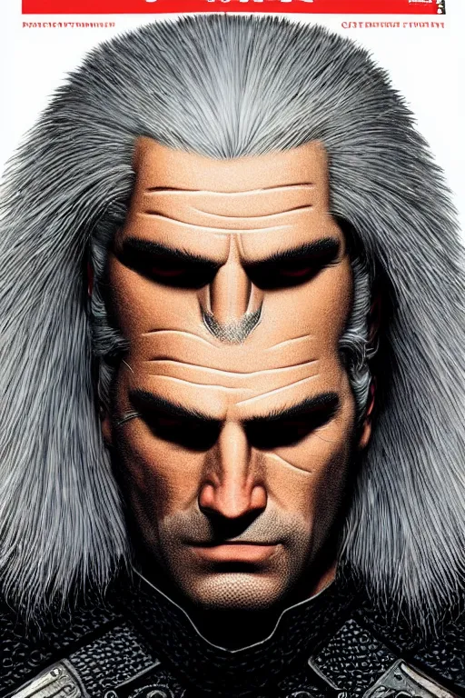 Image similar to portrait of geralt of rivia, 5 5 mm lens, professional photograph, times magazine, serious, stern look