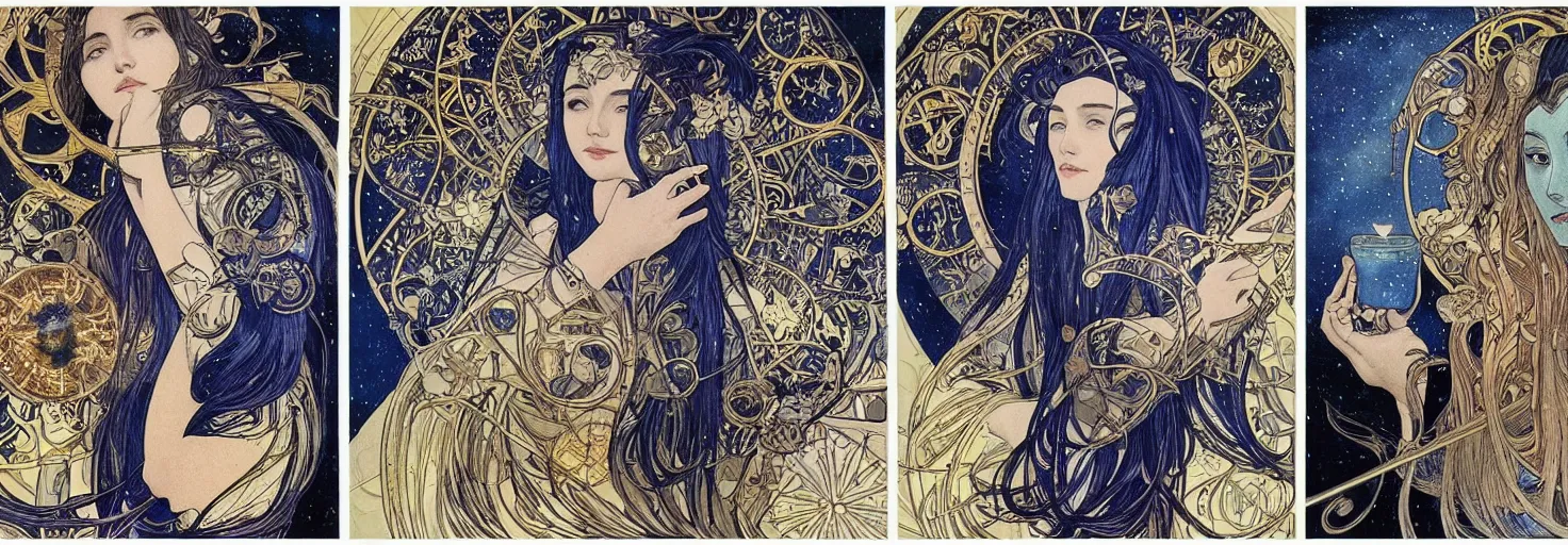 Prompt: the night, maiden and fool and crone, cloaked dark winter night, futuristic math, astronomical star constellations and watch gears, traditional moon and candle and tattoo, ultramarine blue and gold, intricate stained glass, awardwinning art by sana takeda and alphonse mucha