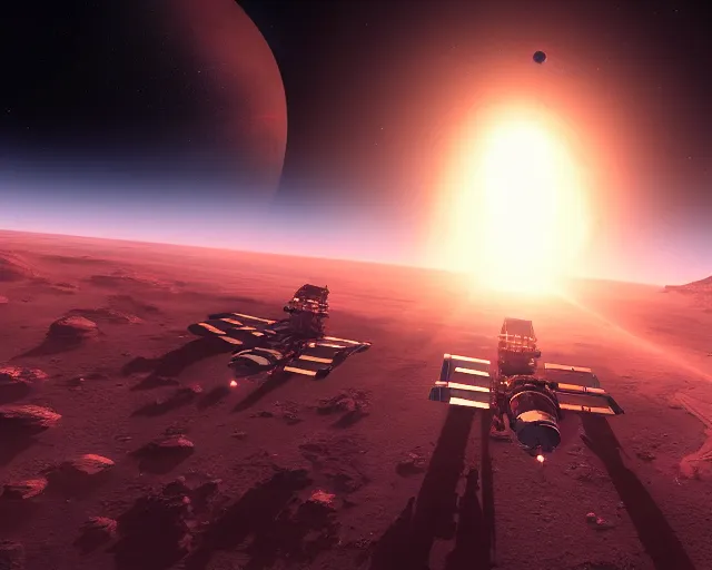 Image similar to UE5 renders epic space battle in atmosphere of Mars, in the style of Robert McCall by Jim Burns, 4k, 8k, HD, trending on artstation, lens flare lighting