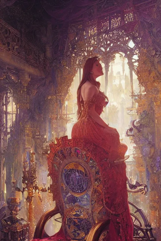 Image similar to Queen Jane Seymour sitting on a throne, fantasy, intricate, beautiful lighting, by Stanley Artgerm Lau, greg rutkowski, thomas kindkade, alphonse mucha, loish, norman Rockwell