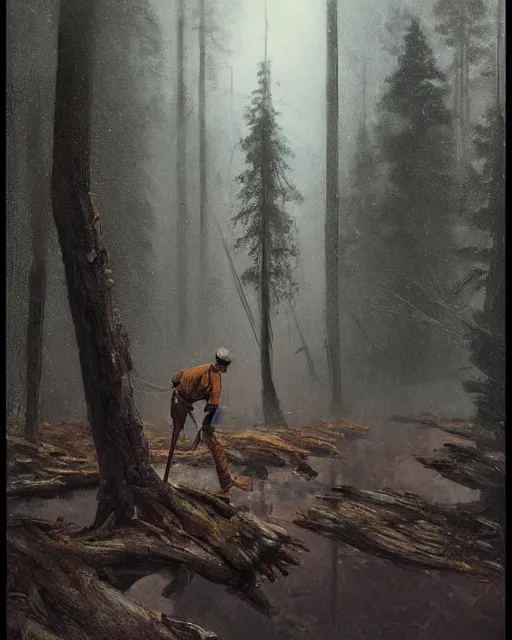 Image similar to a highly detailed epic cinematic concept art CG render digital painting artwork: Railroad worker in Siberian forest. By Greg Rutkowski, in the style of Francis Bacon and Syd Mead and Norman Rockwell and Beksinski, open ceiling, highly detailed, painted by Francis Bacon and Edward Hopper, painted by James Gilleard, surrealism, airbrush, Ilya Kuvshinov, WLOP, Stanley Artgerm, very coherent, triadic color scheme, art by Takato Yamamoto and James Jean