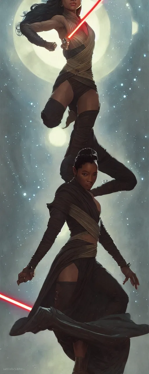 Image similar to star wars jedi master normani as aeon flux profile picture by Greg Rutkowski, dynamic pose, intricate, futuristic, fantasy, elegant, by Stanley Artgerm Lau, greg rutkowski, thomas kindkade, alphonse mucha, loish, norman Rockwell,