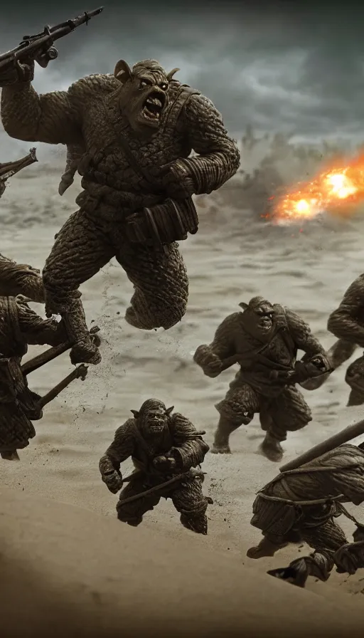 Image similar to Orcs storming the Beaches of Normandy during WW2, war-photography, film still, D-Day, dynamic action pose, insane detail, intricate, highly detailed, Zeiss Lens, DSLR photography, smooth, sharp focus, Unreal Engine 5, Octane Render, Redshift, 8K