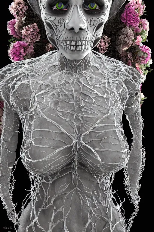 Image similar to la catrina statue made in crystal showing her veins inside the chest, realistic, unreal engine 5, 8 k