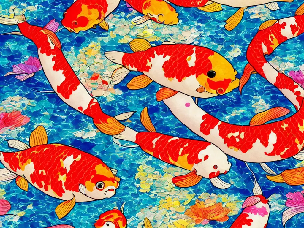 Image similar to colorful koi carp collage illustration pattern, tiny, small, miniature, short, cute and adorable, digital painting, highly detailed, intricate, elegant, artstation, concept art, colorful, beautiful, studio ghibli, aoshima chiho, takashi murakami, manga, cute and adorable