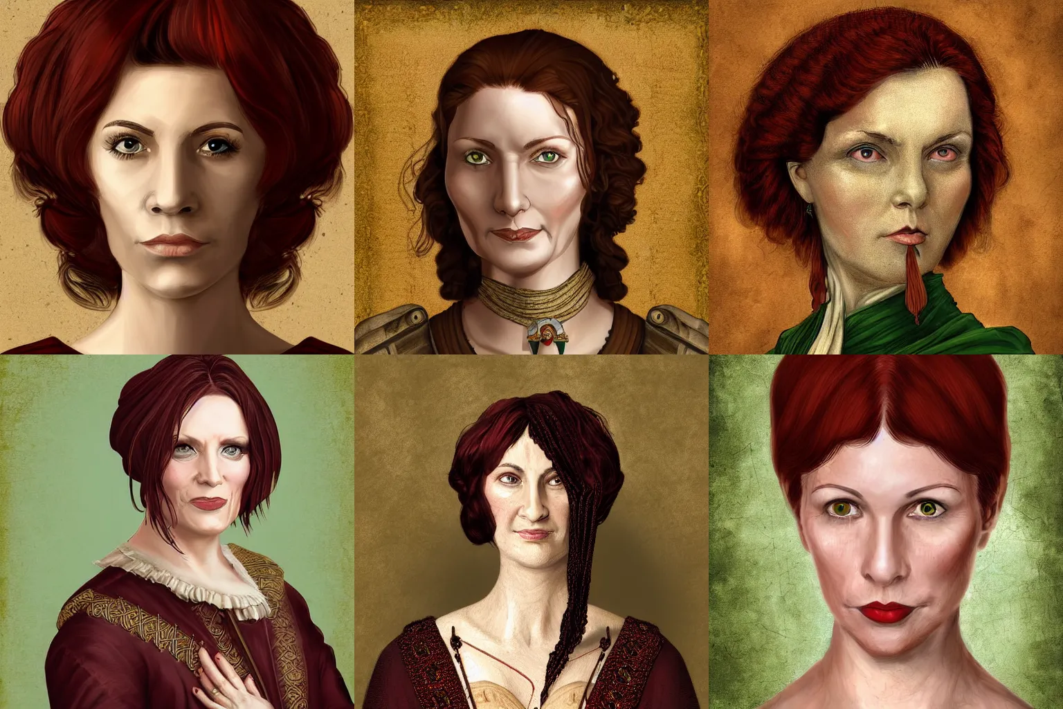 Prompt: head portrait, full faced, 40 years old women, friendly, dark red hair, green eyes, in beige expensive historic clothing, high detail, digital art, medieval fantasy